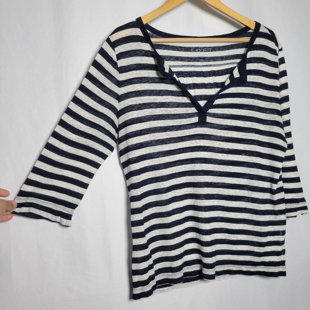 Loft Navy & White Striped Split Neck 3/4 Sleeve T… - image 2